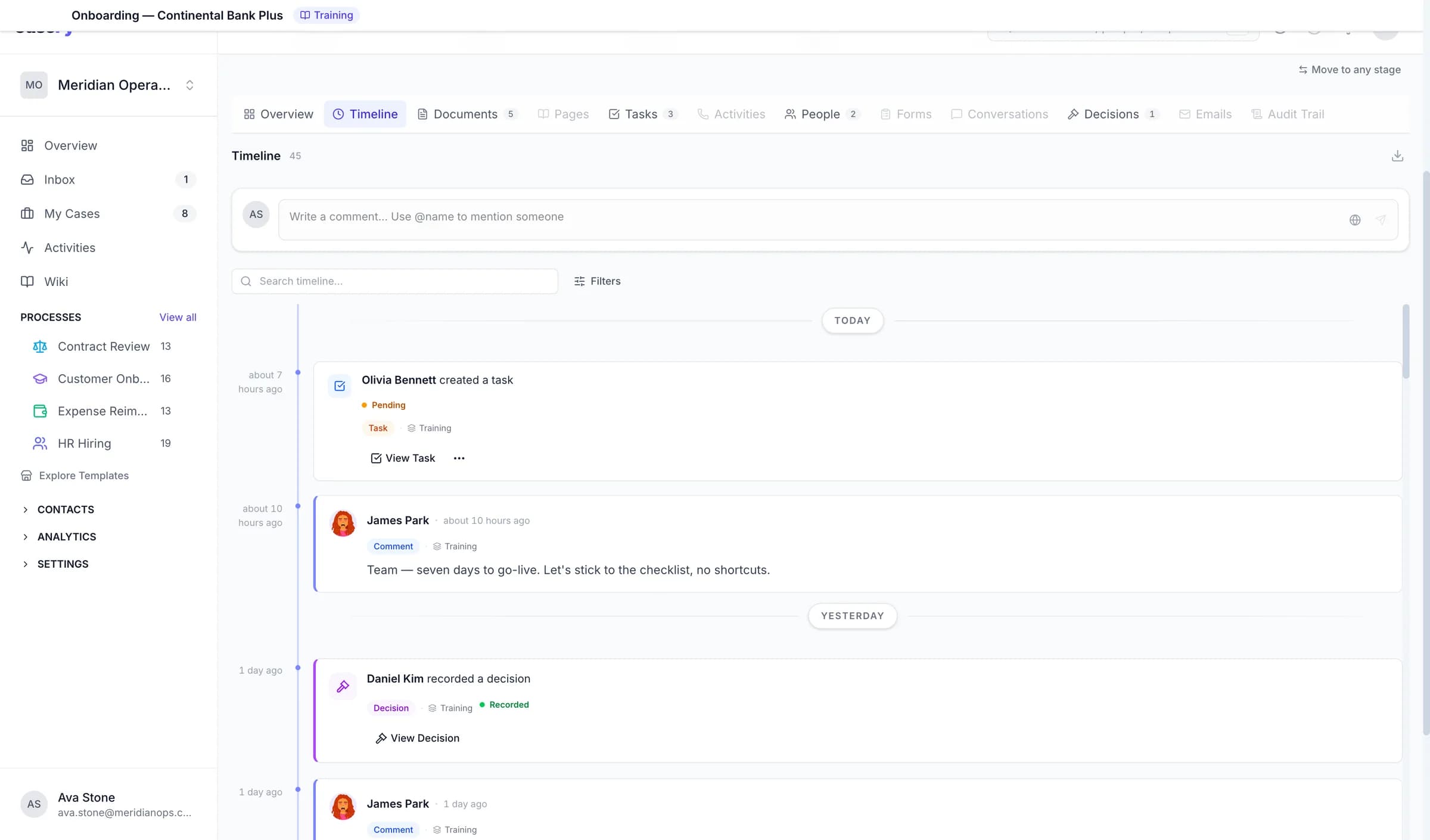 CaseFy case timeline showing comments, tasks and a recorded decision grouped by day