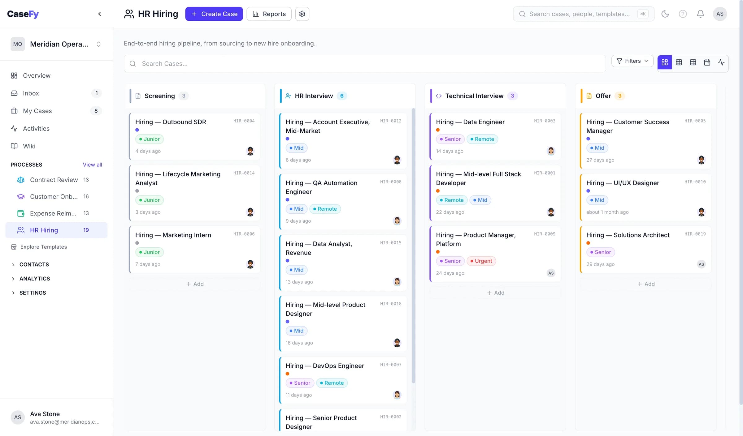 CaseFy kanban board for a hiring pipeline, with cases spread across six stages