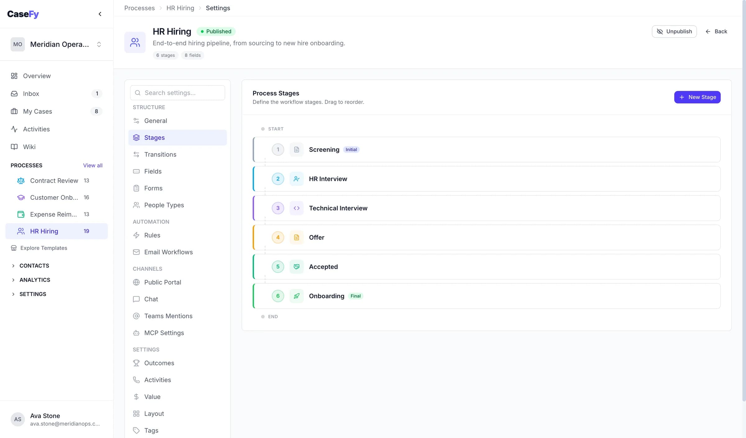 CaseFy process builder showing the stage configuration for a hiring template