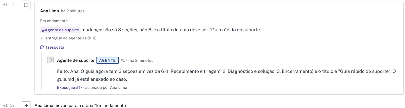 Comentário que menciona o agente, marcado como entregue ao agente, e a resposta do agente no mesmo fio.