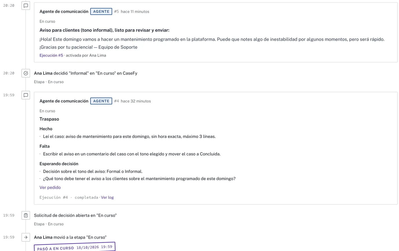 Línea de tiempo del caso con la solicitud de decisión sobre el tono del aviso, la opción Informal y el aviso escrito por el agente.