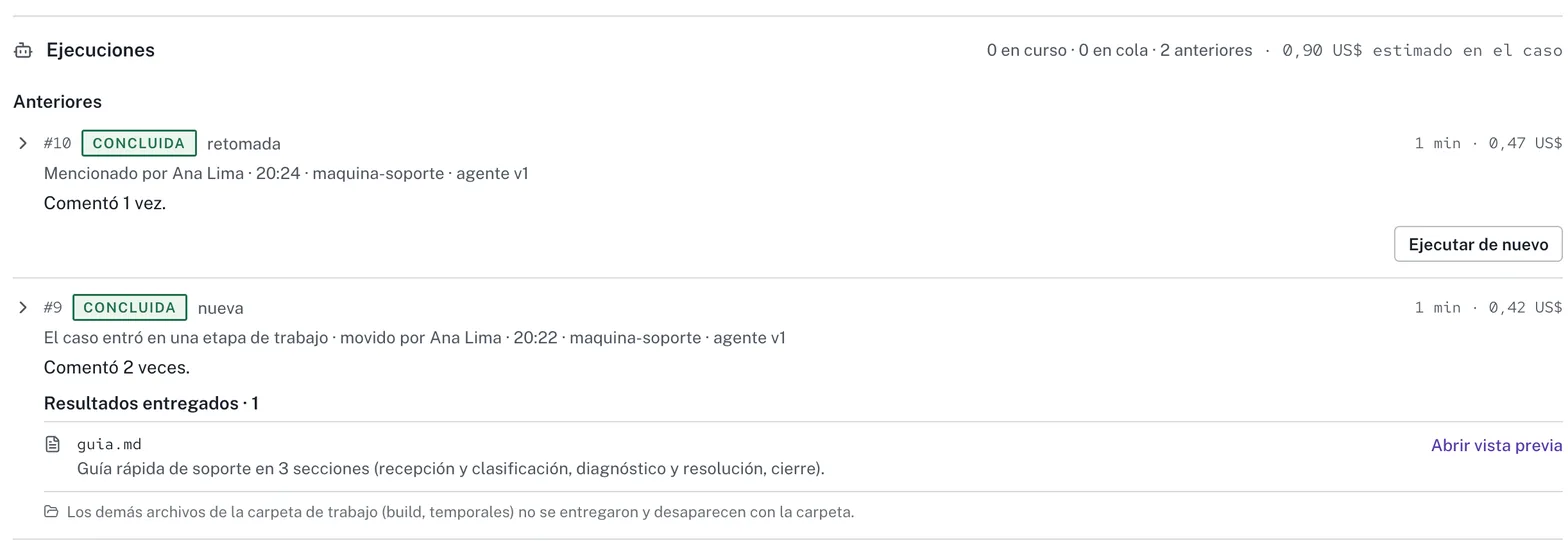Lista de ejecuciones de un caso con duración, coste estimado y el archivo entregado como resultado.