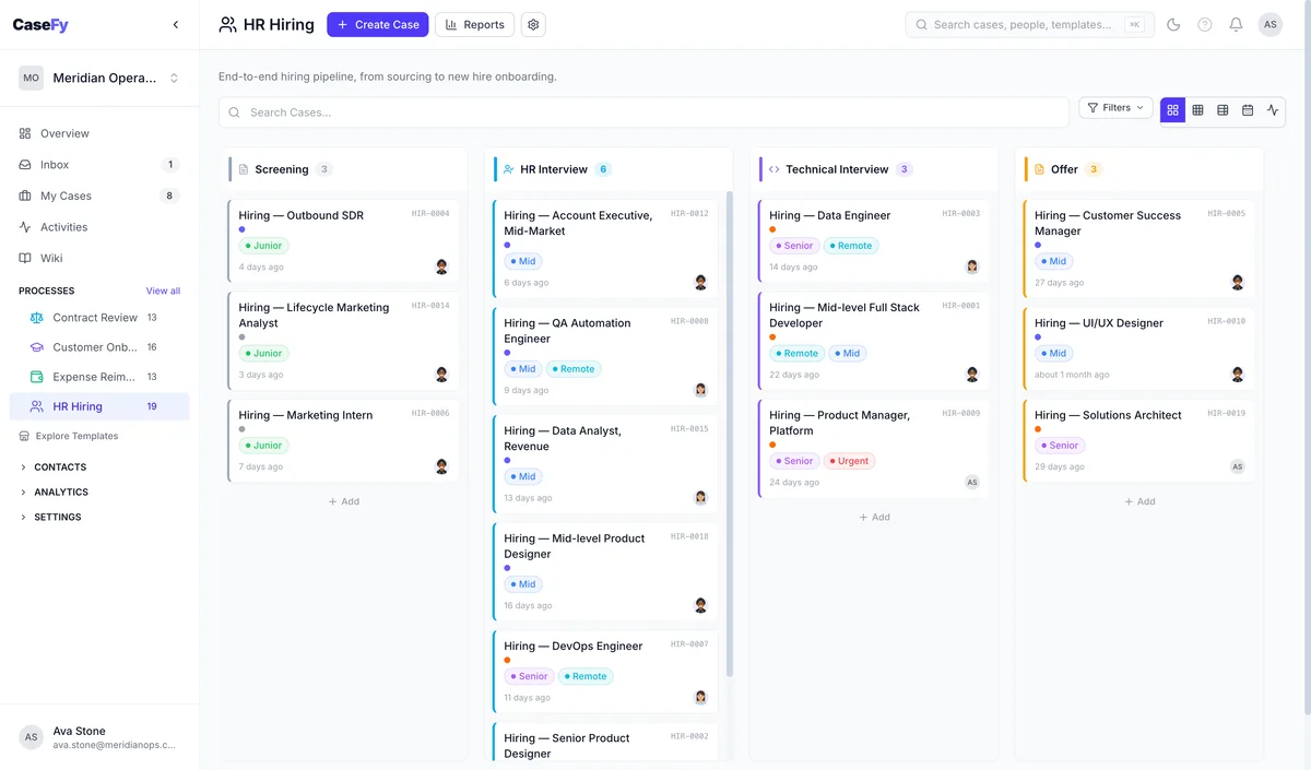 CaseFy kanban board for a hiring pipeline, with cases spread across six stages