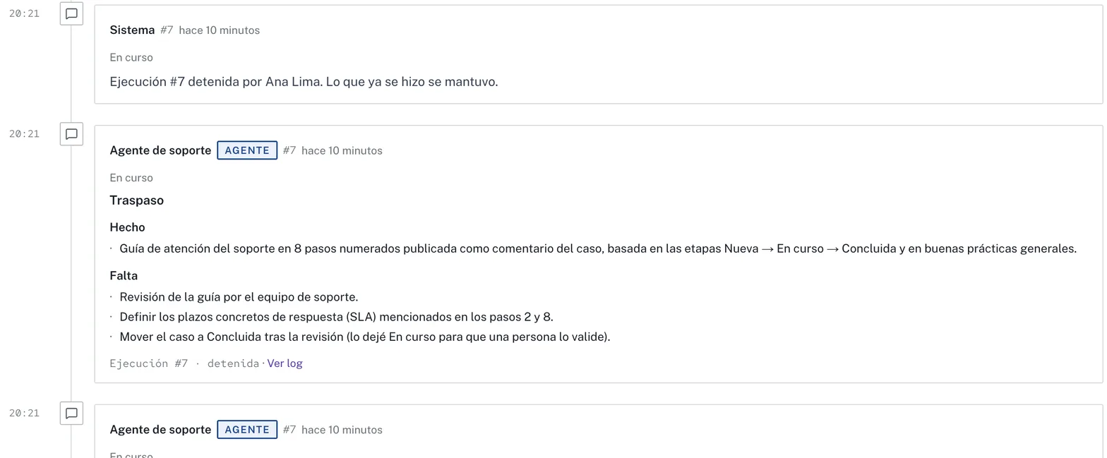 Ejecución detenida por una persona, con el aviso de que lo que ya se hizo se mantuvo, y el trabajo del agente justo debajo.