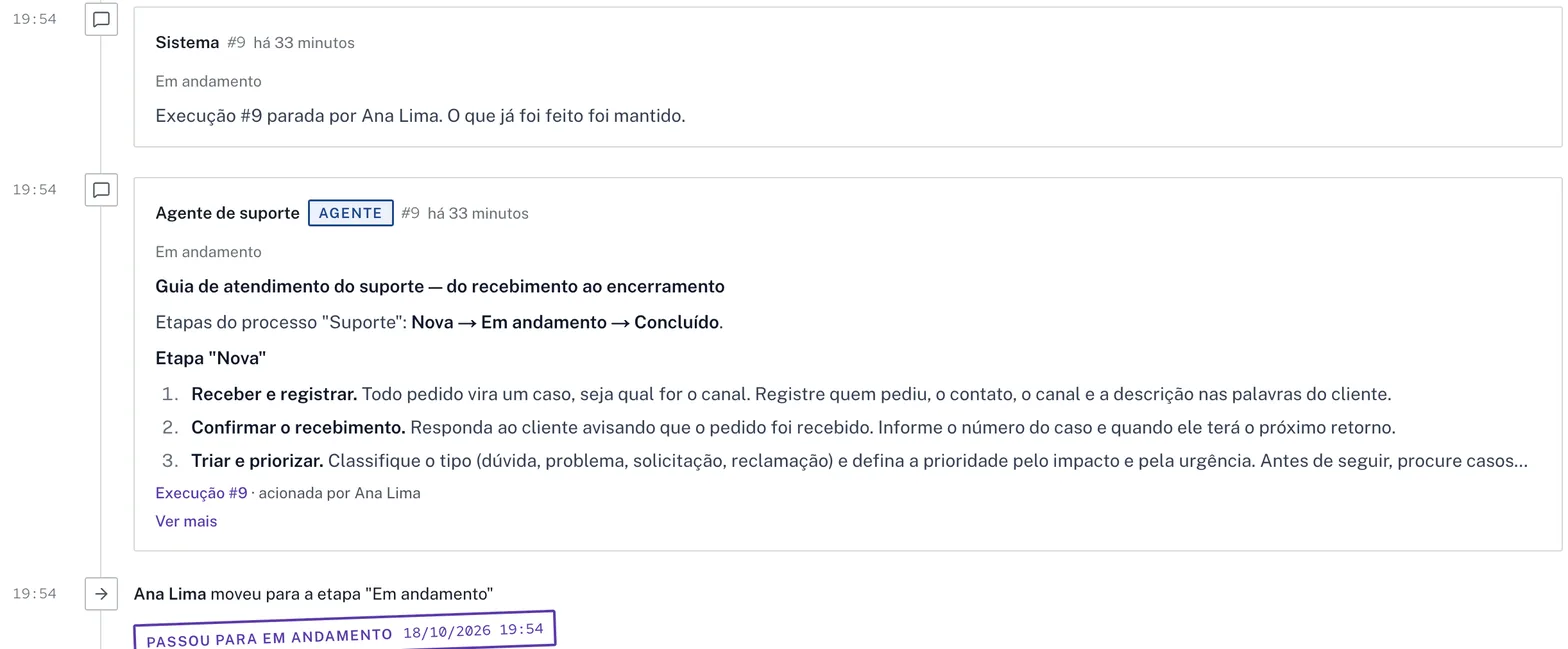 Execução parada por uma pessoa, com o aviso de que o que já foi feito foi mantido, e o guia escrito pelo agente logo abaixo.