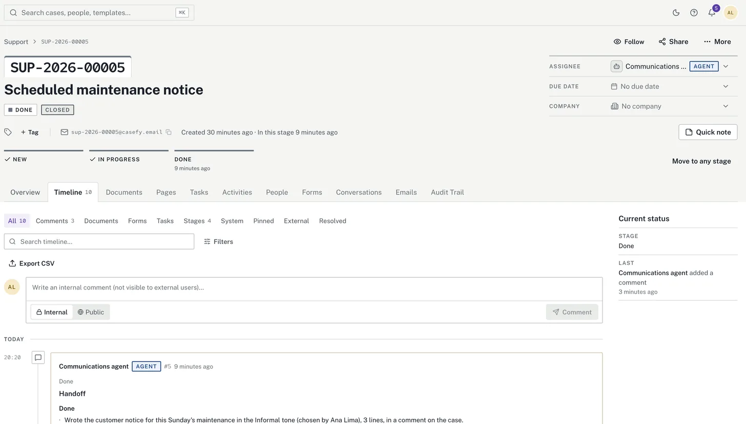 Case header with the communications agent as assignee and the stages completed.